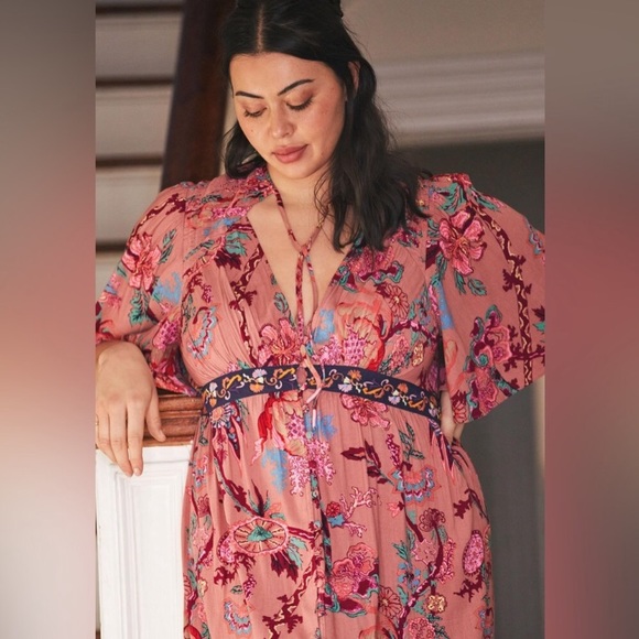 Anthropologie Ruffled Embroidered Maxi Dress Women Casual Printed Boho Cut Out M - Picture 3 of 15